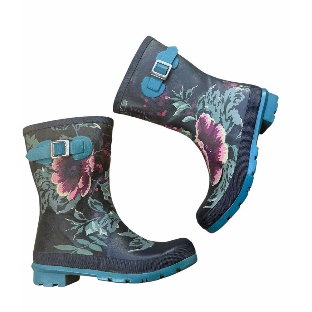 Joules Womens Molly Welly Rainboots Blue Floral Pattern Pink Floral Rain Boots 7